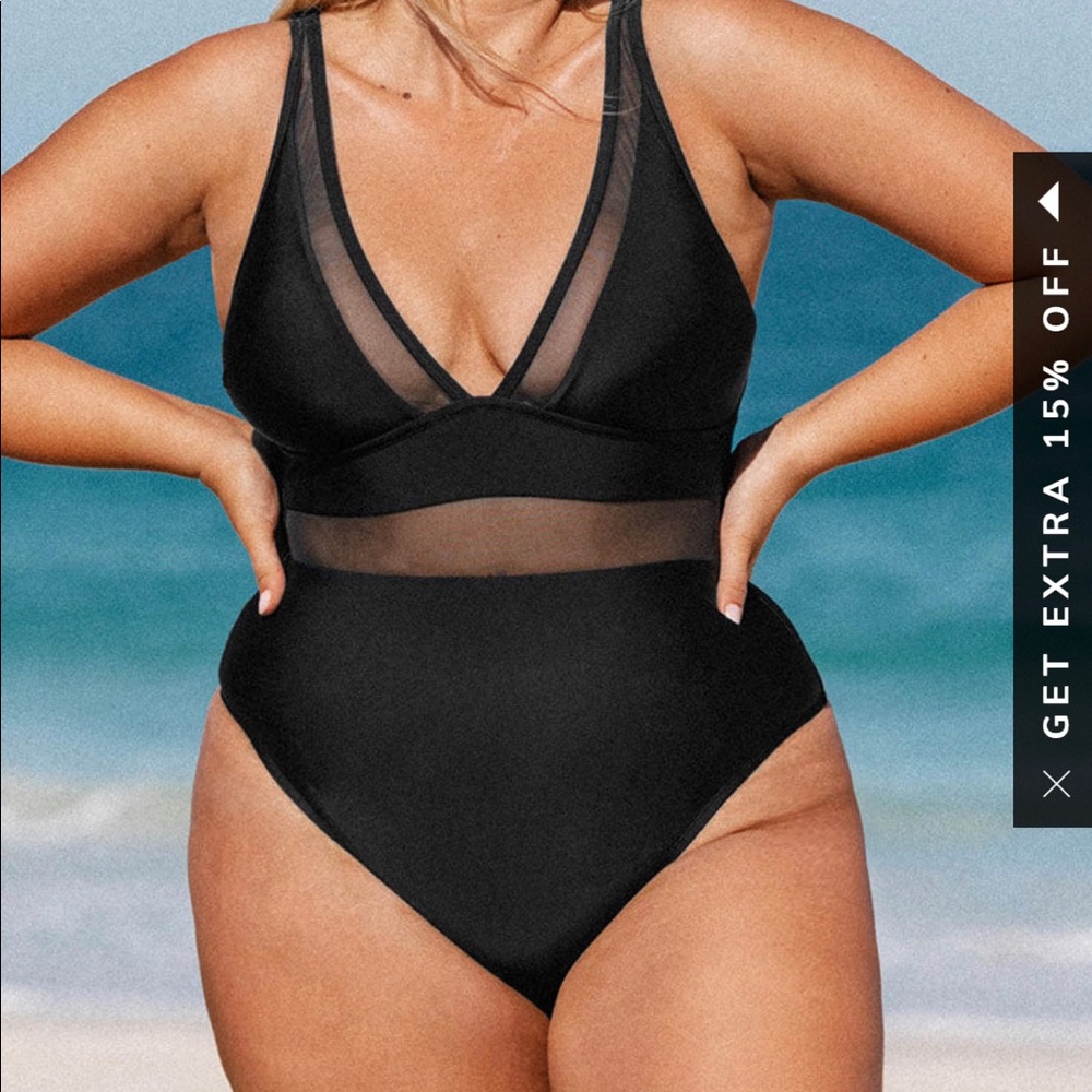 COPY - COPY - Cupshe Omniscient Solid Mesh Panel Tummy Control Plus Size One Pi…